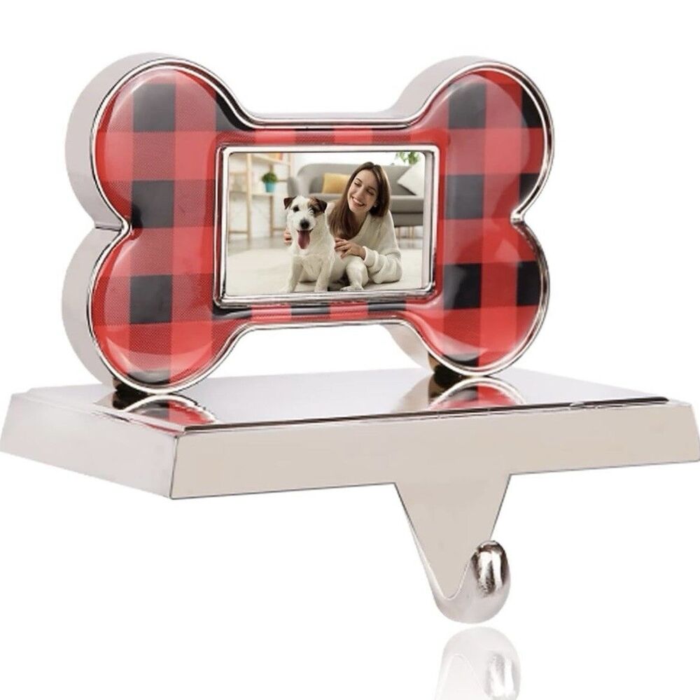 Stocking Holder Doggy Pet Best Friend Photo Dog Bone Red Black Plaid Metal